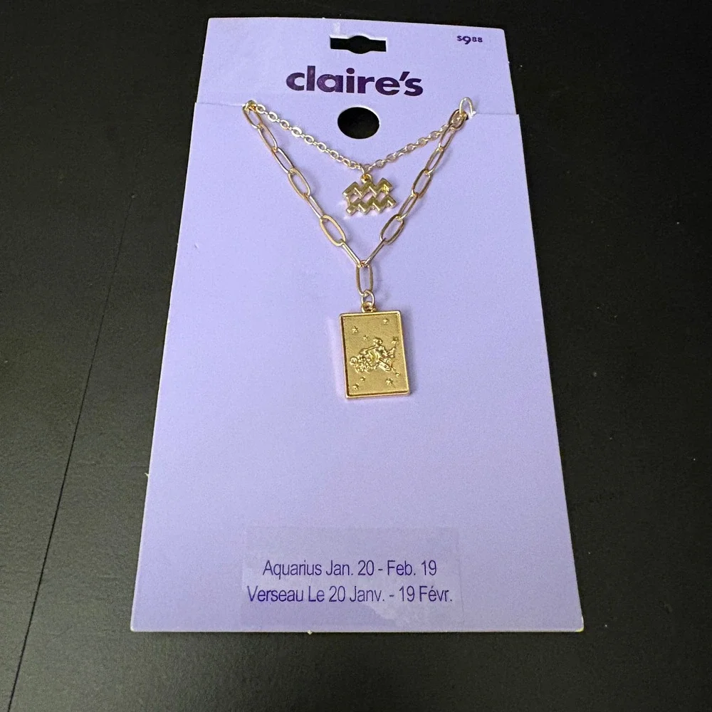 NWT Claires Gold Aquarius Zodiac Layered Set of‎ 2 Necklaces Jan Feb Gift